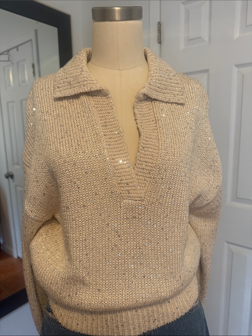 J. Crew Beige Sequin-Detail V-Neck Sweater with Collar
